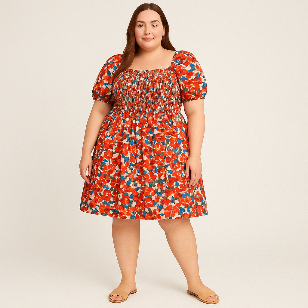 Plus Size Puff Sleeve Floral Dress