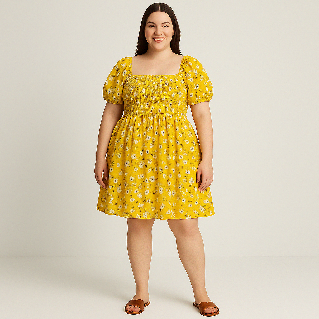 Plus Size Puff Sleeve Floral Dress
