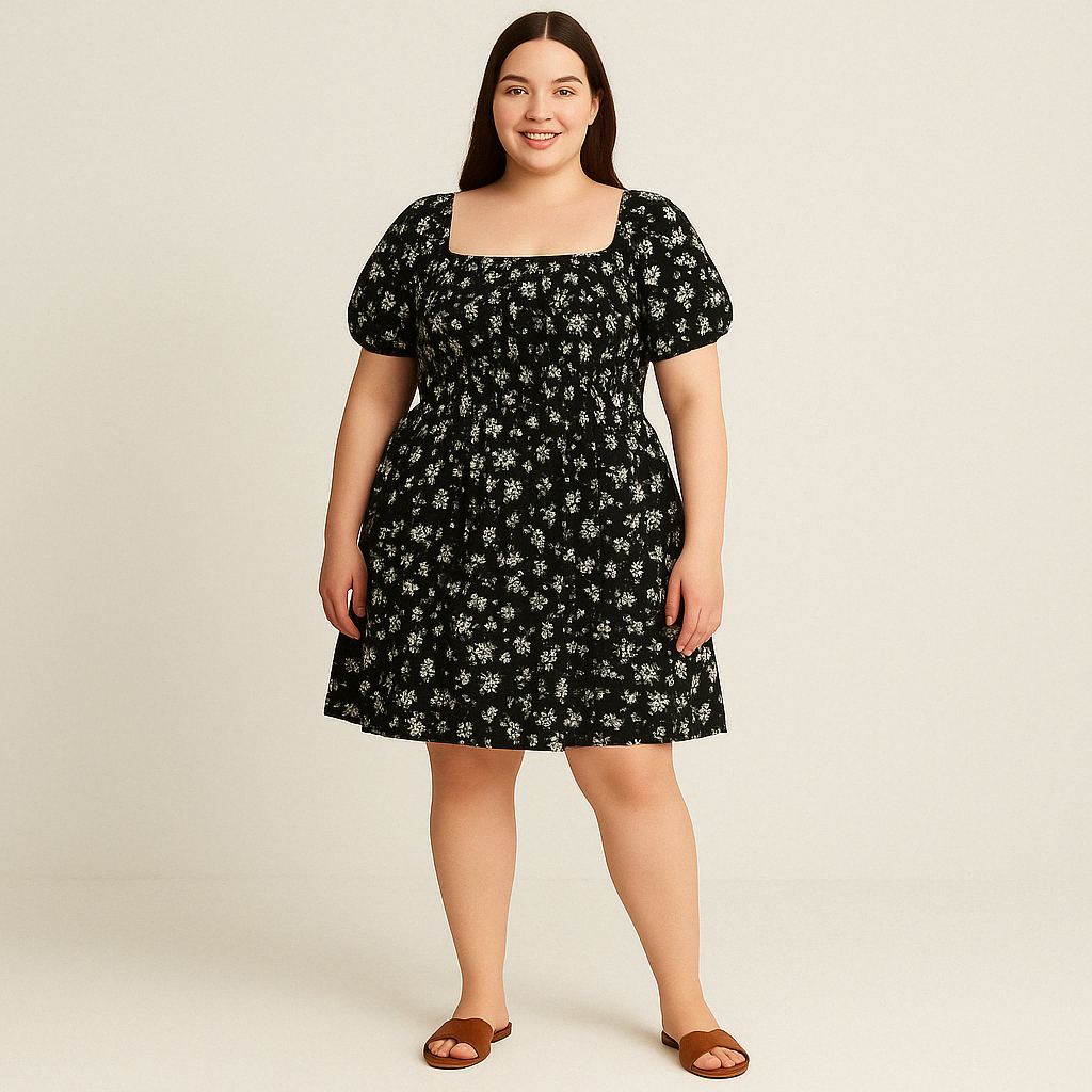 Plus Size Puff Sleeve Floral Dress