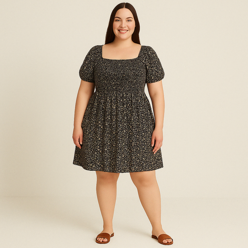 Plus Size Puff Sleeve Floral Dress