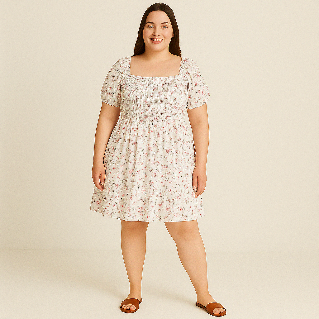 Plus Size Puff Sleeve Floral Dress