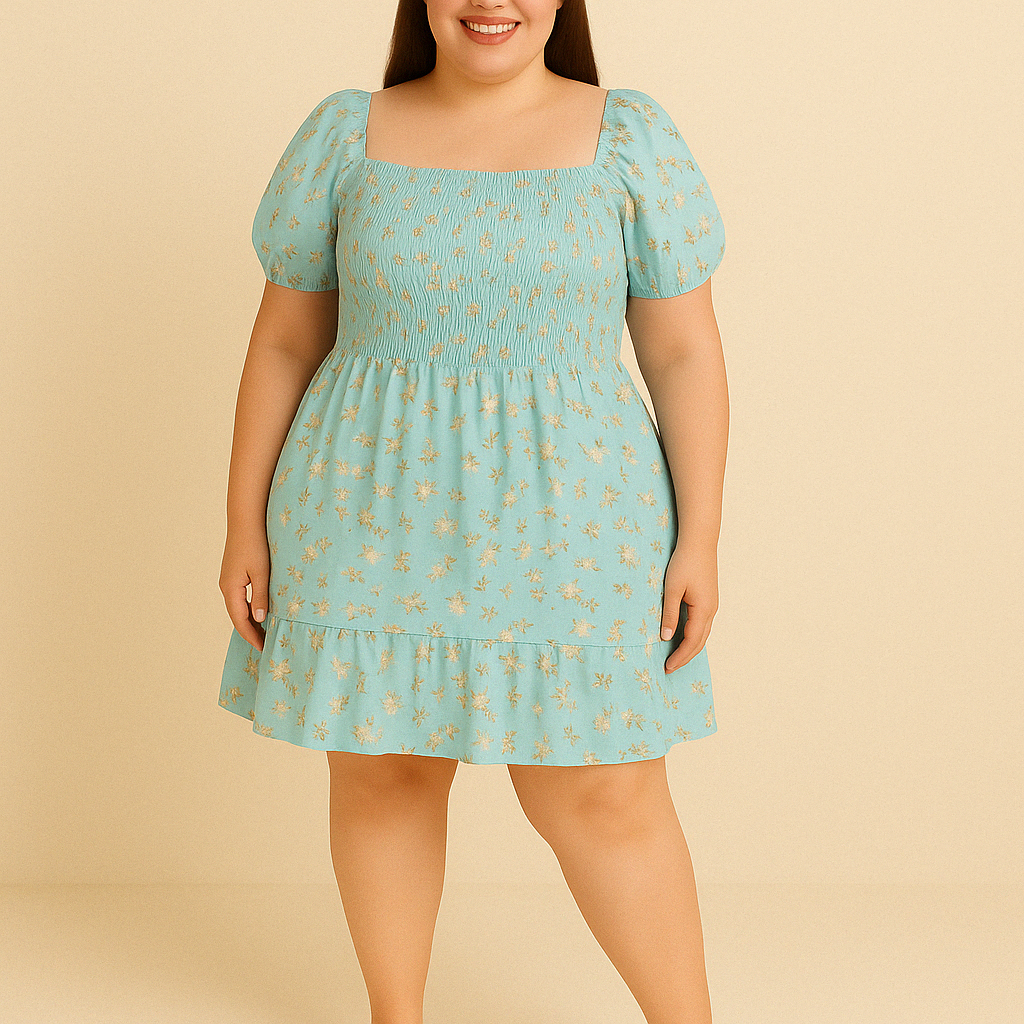 Plus Size Puff Sleeve Floral Dress