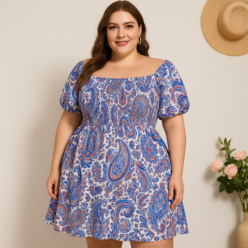 Plus Size Puff Sleeve Floral Dress